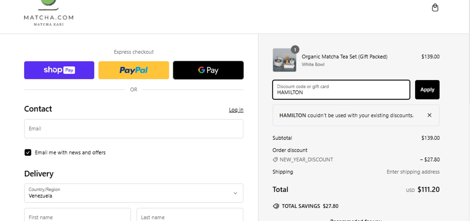 Matcha discount code screenshot showing code HAMILTON applied at Matcha checkout page. Uploaded by SimplyCodes community member VoucherFinder3467 on Jan 4, 2025