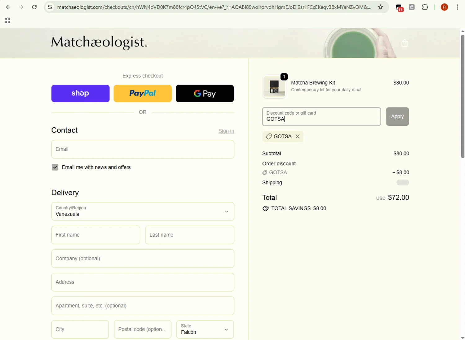 Matchaeologist discount code screenshot showing code GOTSA applied at Matchaeologist checkout page. Uploaded by SimplyCodes community member BrilliantRanger8168 on Nov 2, 2025