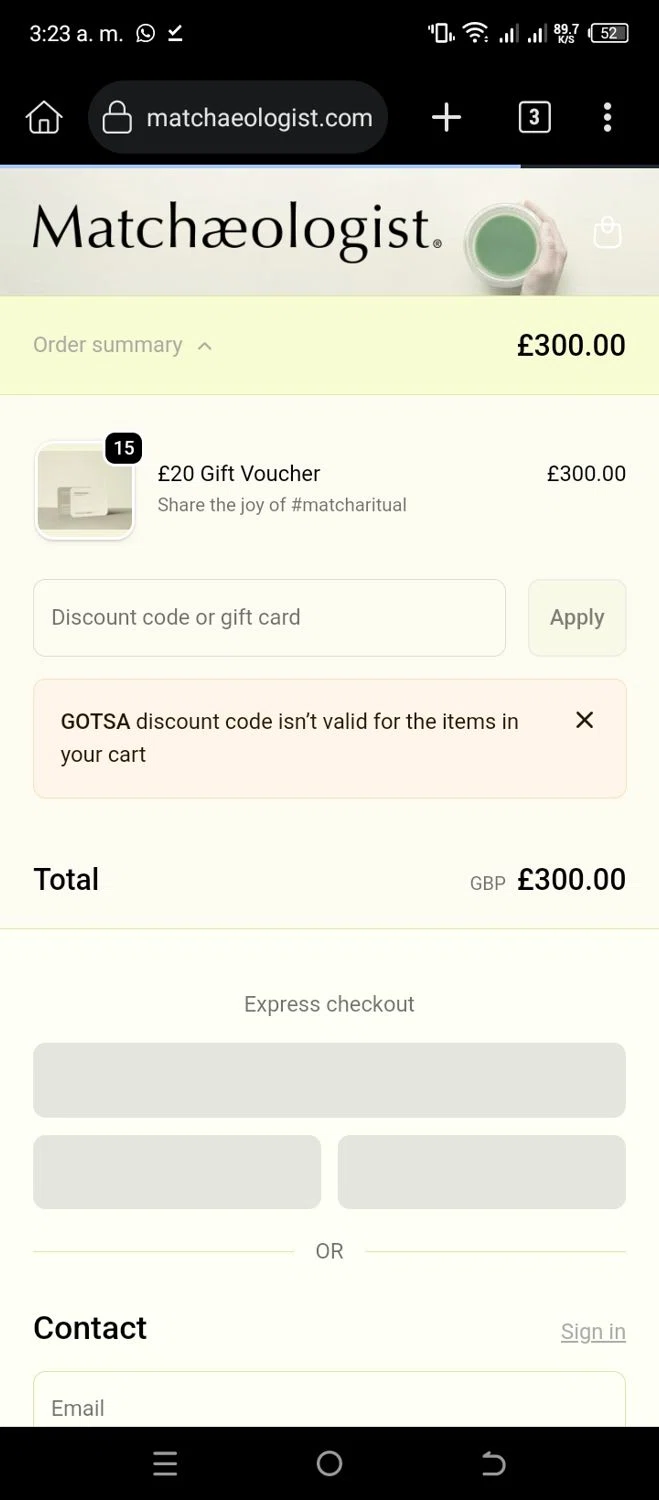 Matchaeologist discount code screenshot showing code GOTSA applied at Matchaeologist checkout page. Uploaded by SimplyCodes community member CleverSleuth6613 on Dec 28, 2025