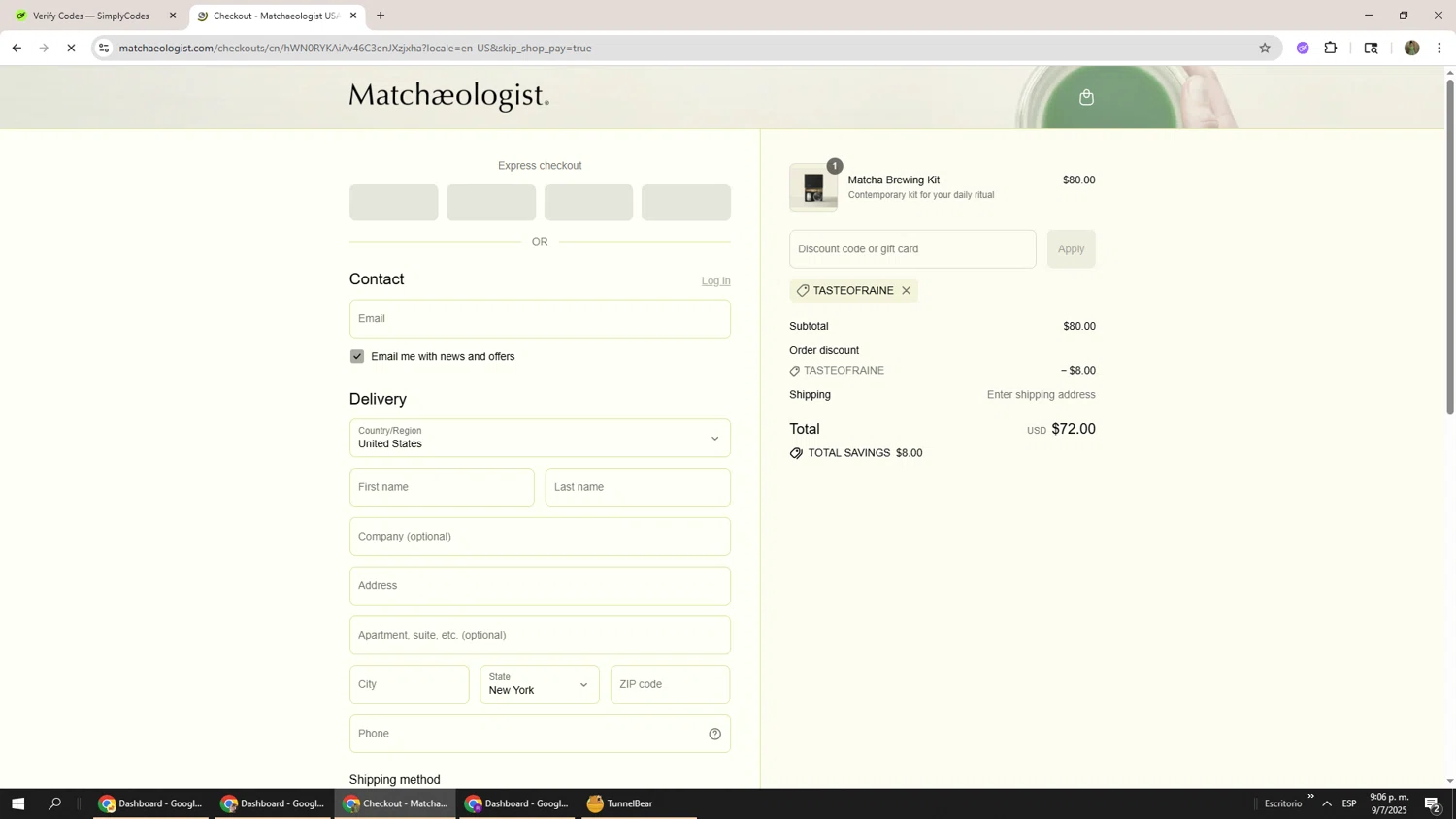 Matchaeologist discount code screenshot showing code TASTEOFRAINE applied at Matchaeologist checkout page. Uploaded by SimplyCodes community member Phoenix585 on Jul 10, 2025