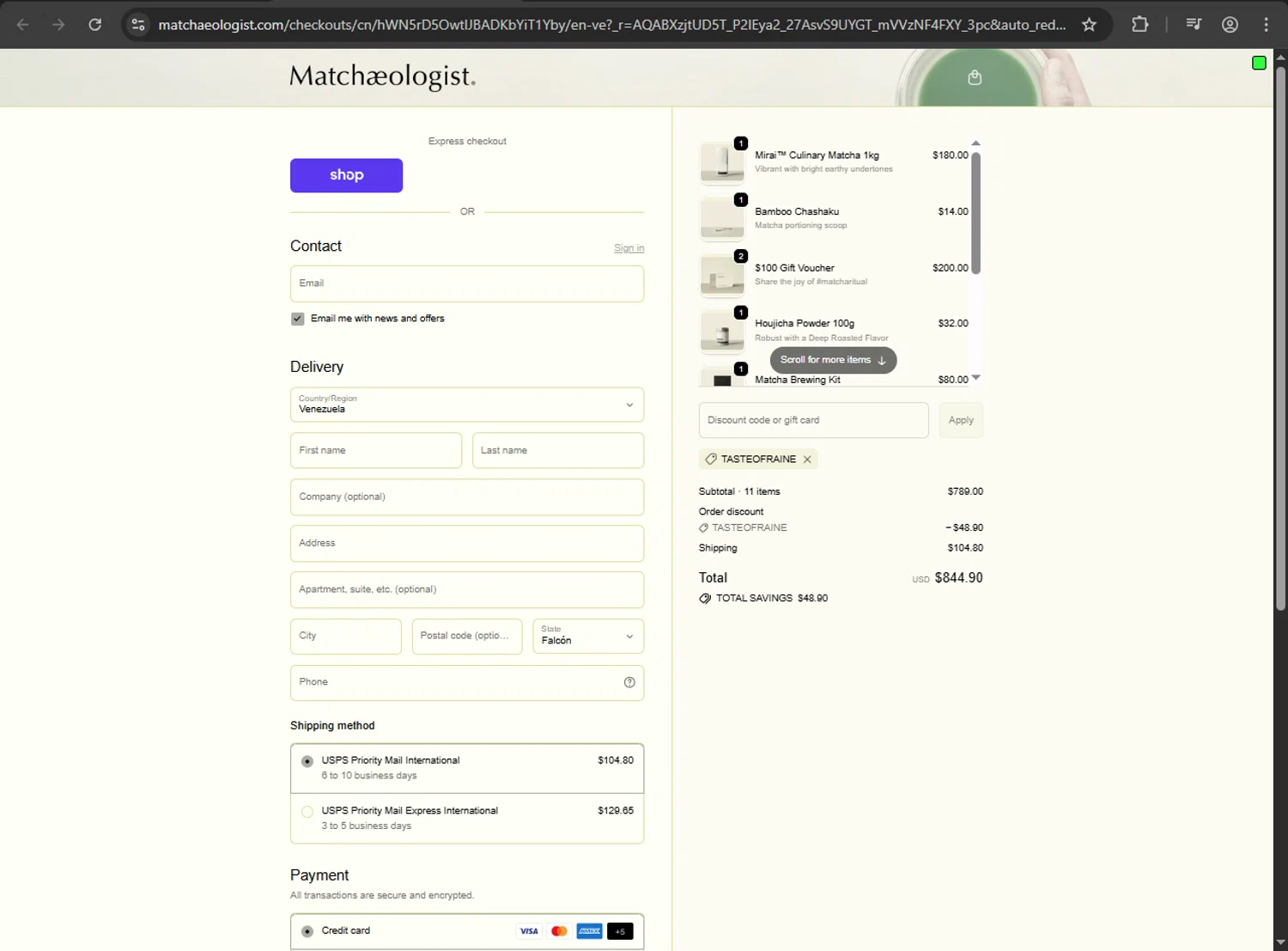 Matchaeologist discount code screenshot showing code TASTEOFRAINE applied at Matchaeologist checkout page. Uploaded by SimplyCodes community member fiadaz on Nov 29, 2025