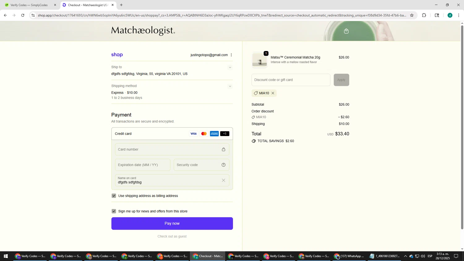 Matchaeologist discount code screenshot showing code MIA10 applied at Matchaeologist checkout page. Uploaded by SimplyCodes community member HEROESCUDA on Dec 28, 2025