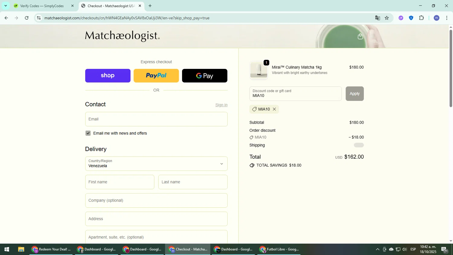 Matchaeologist discount code screenshot showing code MIA10 applied at Matchaeologist checkout page. Uploaded by SimplyCodes community member QuestDefender2661 on Oct 18, 2025