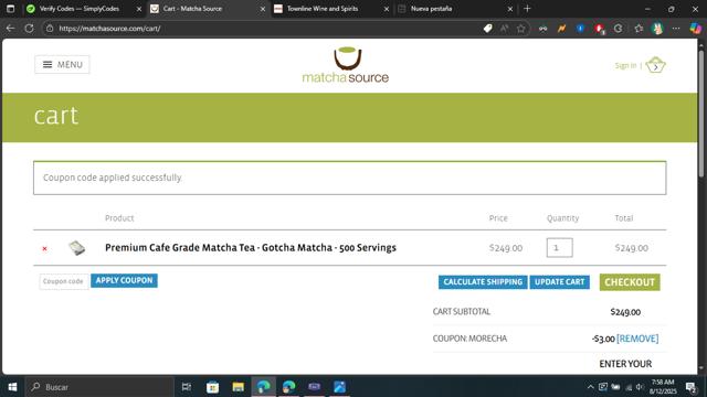 Matcha Source checkout page showing Matcha Source coupon code box | Screenshot taken by SimplyCodes community member on Aug 12, 2025