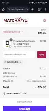 Welcome30 coupon verification screenshot