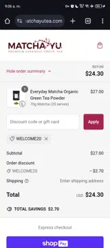 Welcome20 coupon verification screenshot