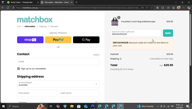 Matchbox checkout page showing Matchbox promo code box | Screenshot taken by SimplyCodes community member on Mar 6, 2025