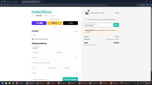 Matchbox checkout page showing Matchbox promo code box | Screenshot taken by SimplyCodes community member on Apr 4, 2025