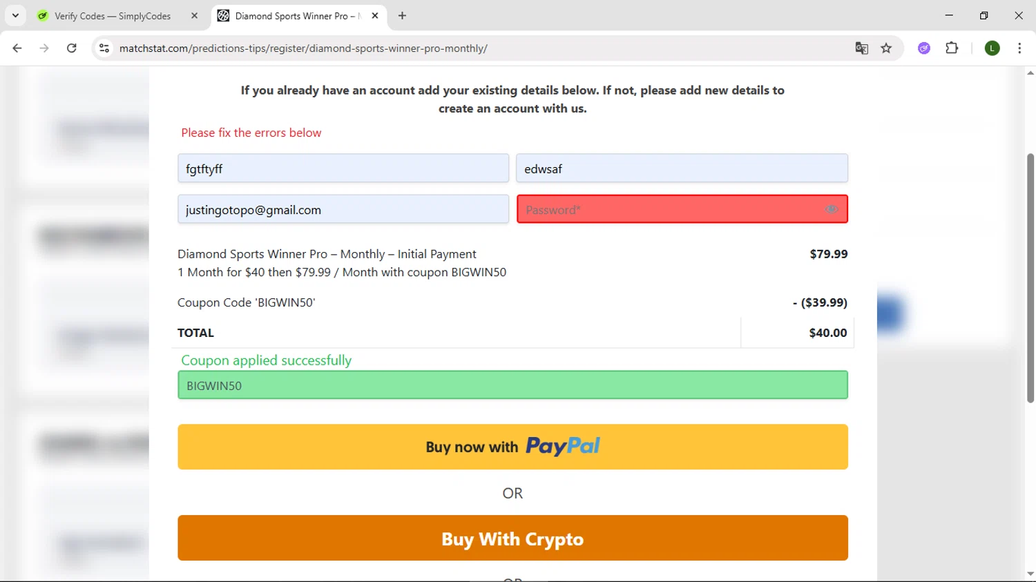 Matchstat checkout page showing Matchstat promo code box | Screenshot taken by SimplyCodes community member on Jun 11, 2025
