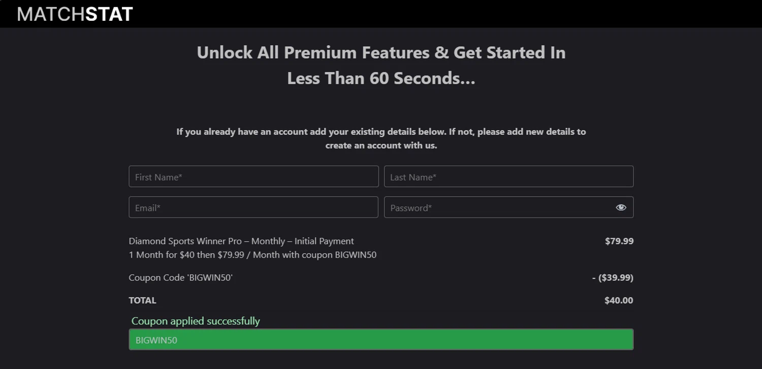 Matchstat checkout page showing Matchstat promo code box | Screenshot taken by SimplyCodes community member on Apr 14, 2025