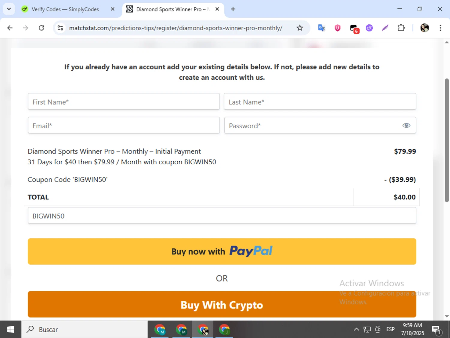 Matchstat promo code screenshot showing code BIGWIN50 applied at Matchstat checkout page. Uploaded by SimplyCodes community member mariapolancog on Jul 10, 2025