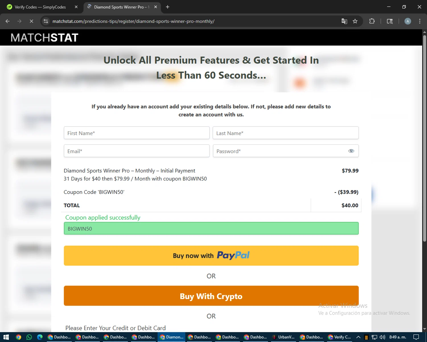 Matchstat promo code screenshot showing code BIGWIN50 applied at Matchstat checkout page. Uploaded by SimplyCodes community member trippieredd on Aug 8, 2025