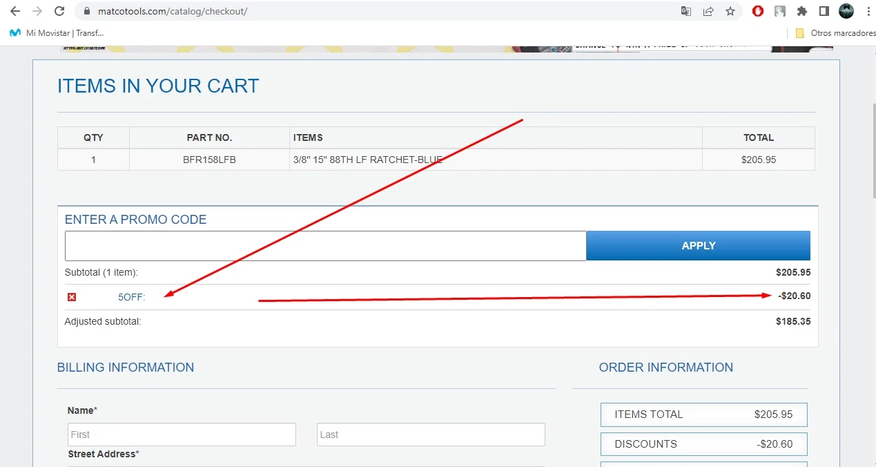 Matco Tools checkout page showing Matco Tools promo code box | Screenshot taken by SimplyCodes community member on Sep 8, 2022