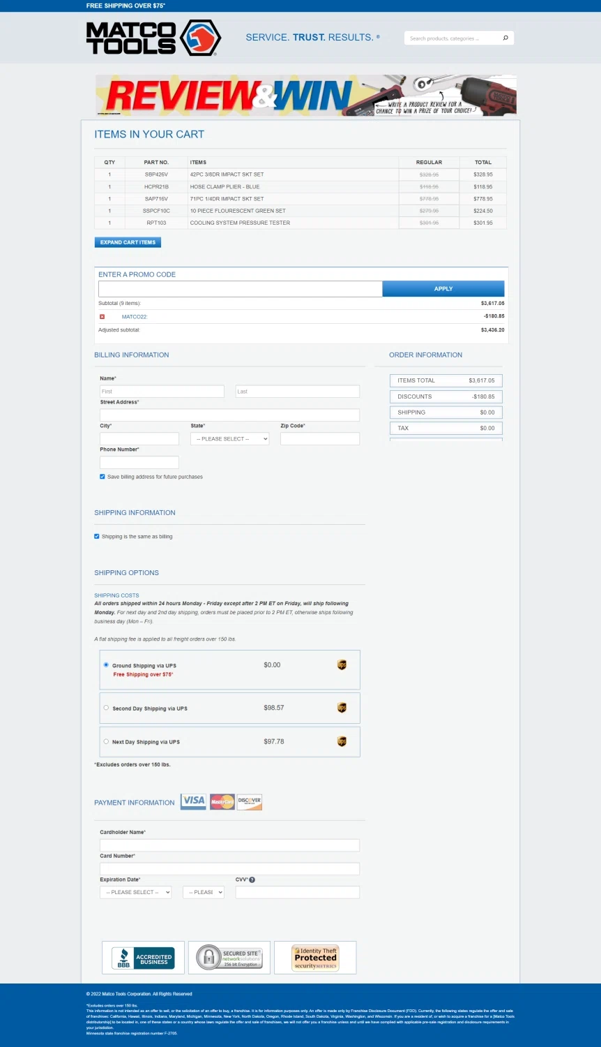 Matco Tools checkout page showing Matco Tools promo code box | Screenshot taken by SimplyCodes community member on Oct 2, 2022
