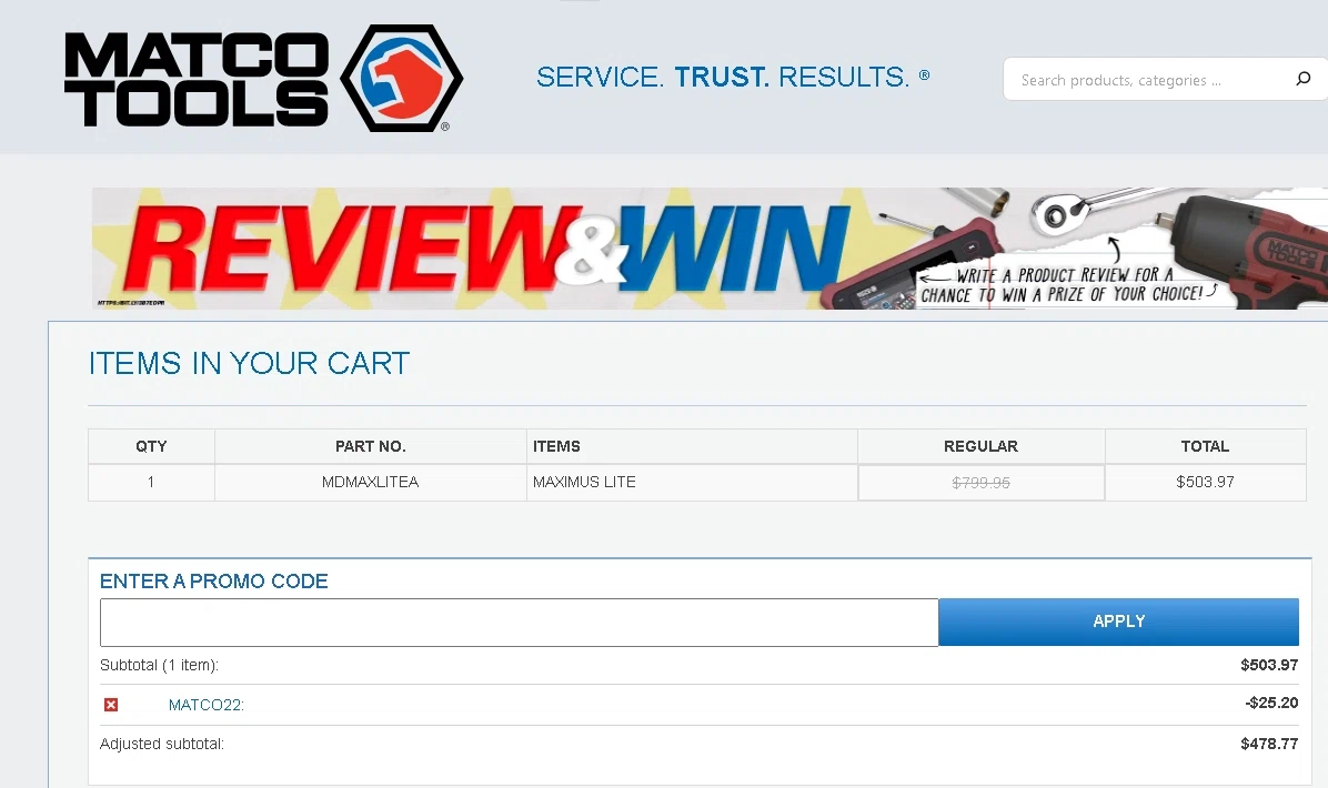 Matco Tools checkout page showing Matco Tools promo code box | Screenshot taken by SimplyCodes community member on Oct 31, 2022