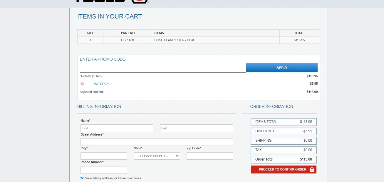 Matco Tools checkout page showing Matco Tools promo code box | Screenshot taken by SimplyCodes community member on Dec 28, 2022