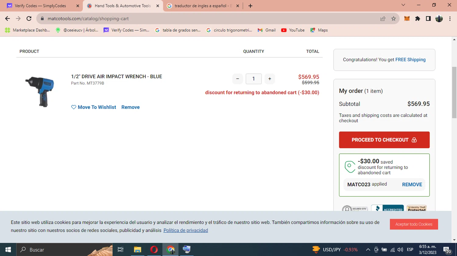 Matco Tools checkout page showing Matco Tools promo code box | Screenshot taken by SimplyCodes community member on Dec 3, 2023