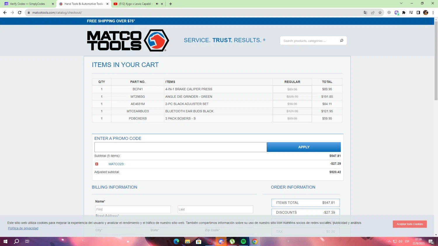 Matco Tools checkout page showing Matco Tools promo code box | Screenshot taken by SimplyCodes community member on Aug 22, 2023