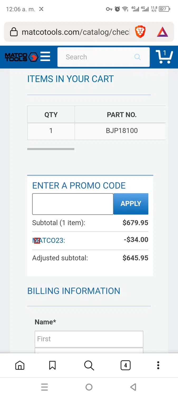 Matco Tools checkout page showing Matco Tools promo code box | Screenshot taken by SimplyCodes community member on Sep 12, 2023