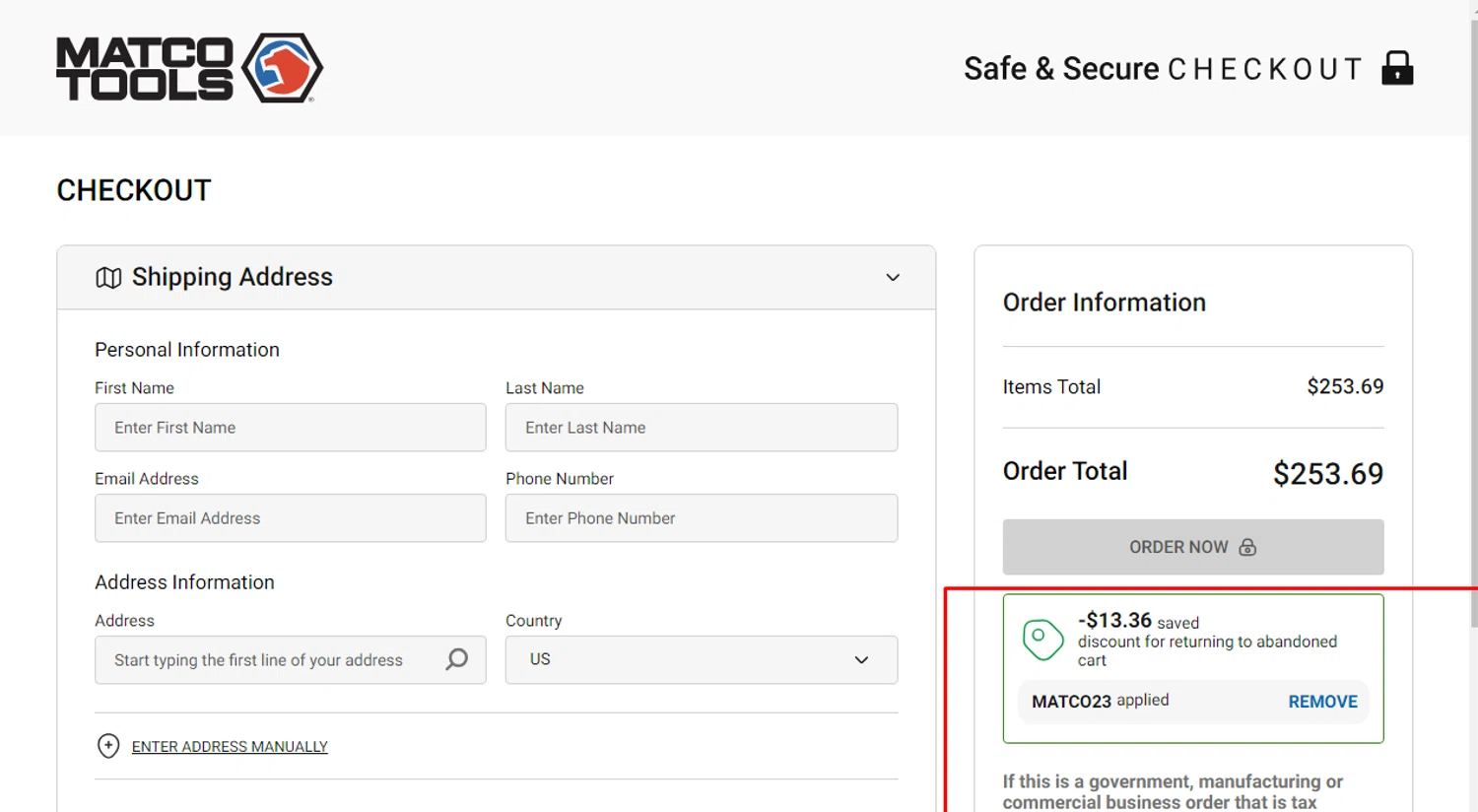 Matco Tools checkout page showing Matco Tools promo code box | Screenshot taken by SimplyCodes community member on Nov 4, 2023