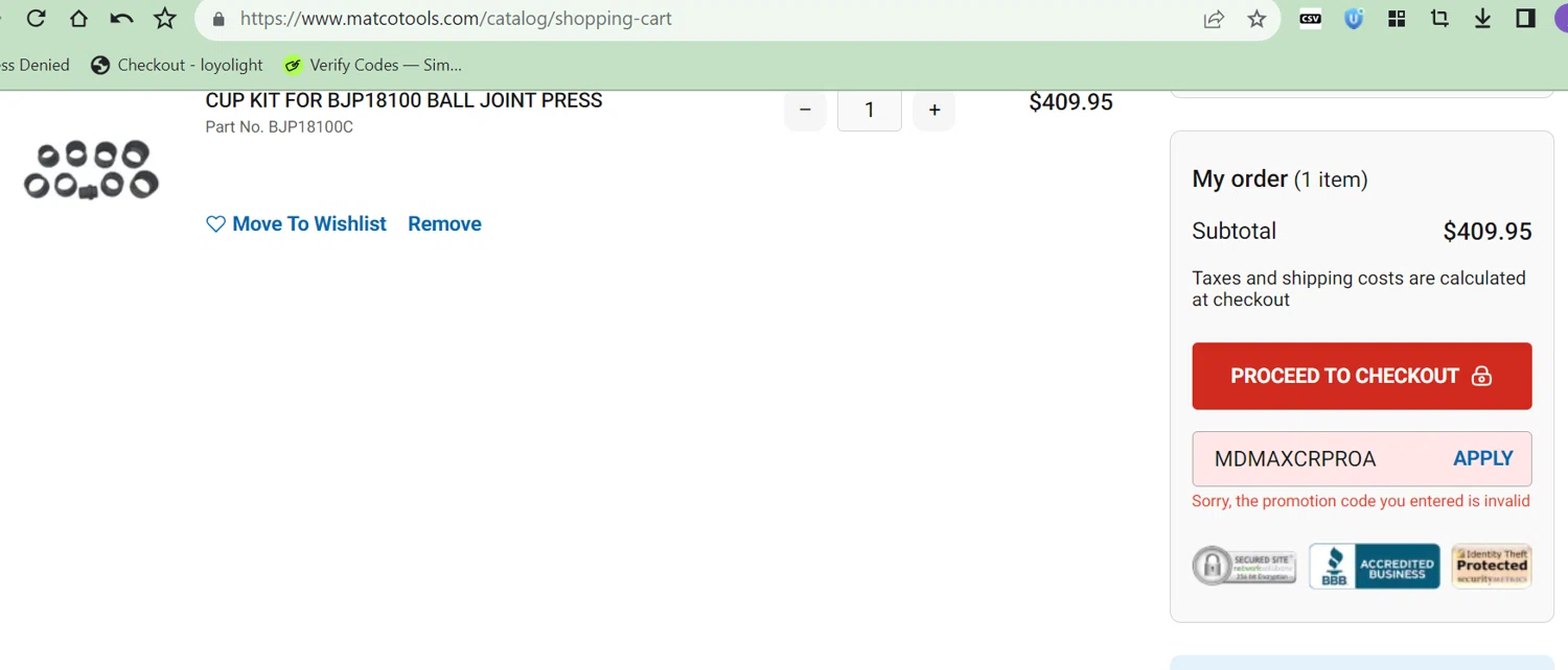 Matco Tools promo code screenshot showing code MDMAXCRPROA applied at Matco Tools checkout page. Uploaded by SimplyCodes community member LALOCOMOTORA10 on Jun 16, 2025