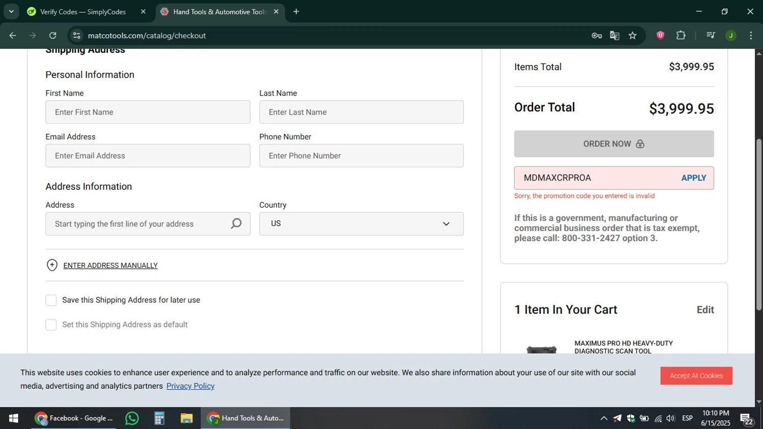 Matco Tools promo code screenshot showing code MDMAXCRPROA applied at Matco Tools checkout page. Uploaded by SimplyCodes community member ShieldFinder369 on Jun 16, 2025