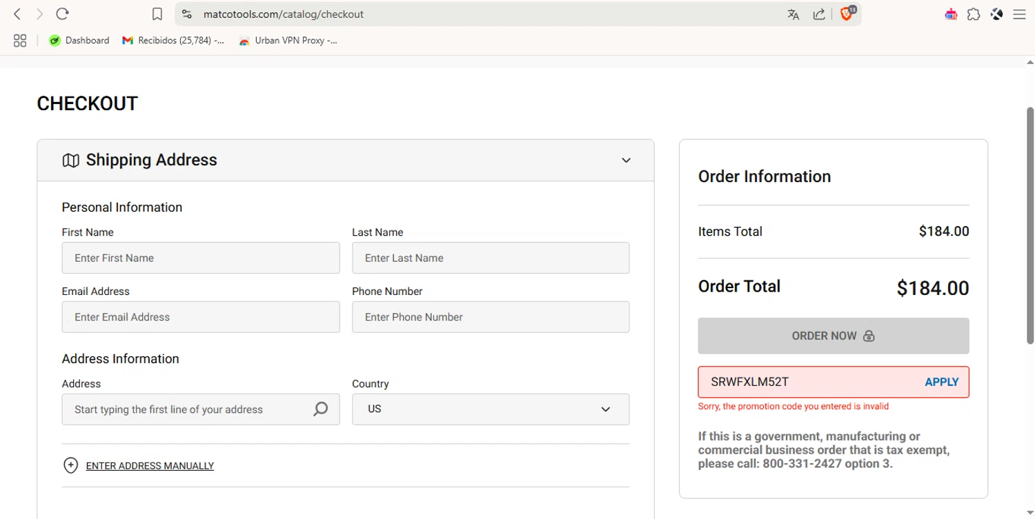 Matco Tools promo code screenshot showing code SRWFXLM52T applied at Matco Tools checkout page. Uploaded by SimplyCodes community member cuponbara on Apr 8, 2025