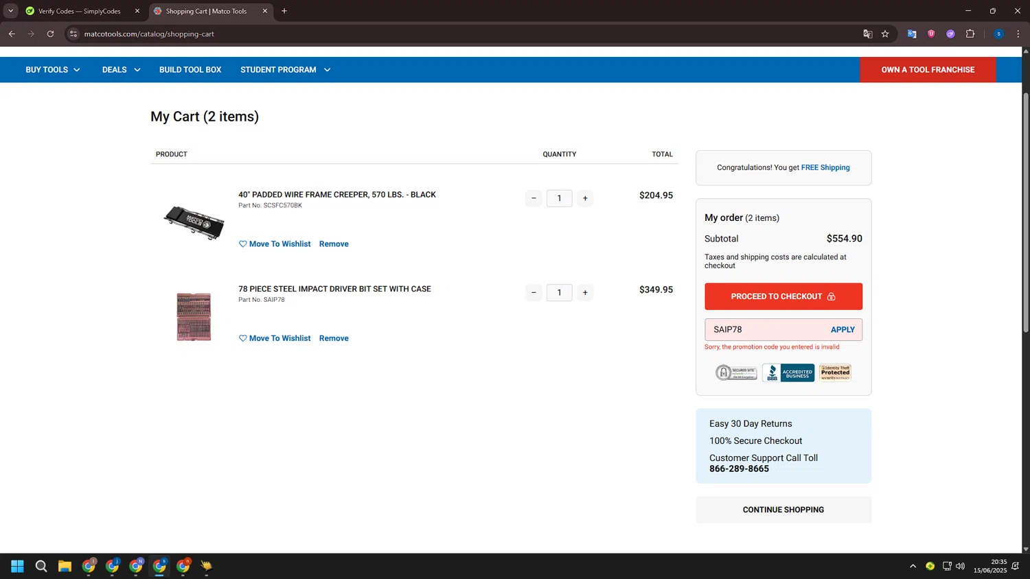 Matco Tools promo code screenshot showing code SAIP78 applied at Matco Tools checkout page. Uploaded by SimplyCodes community member ExtraordinarySleuth4345 on Jun 16, 2025