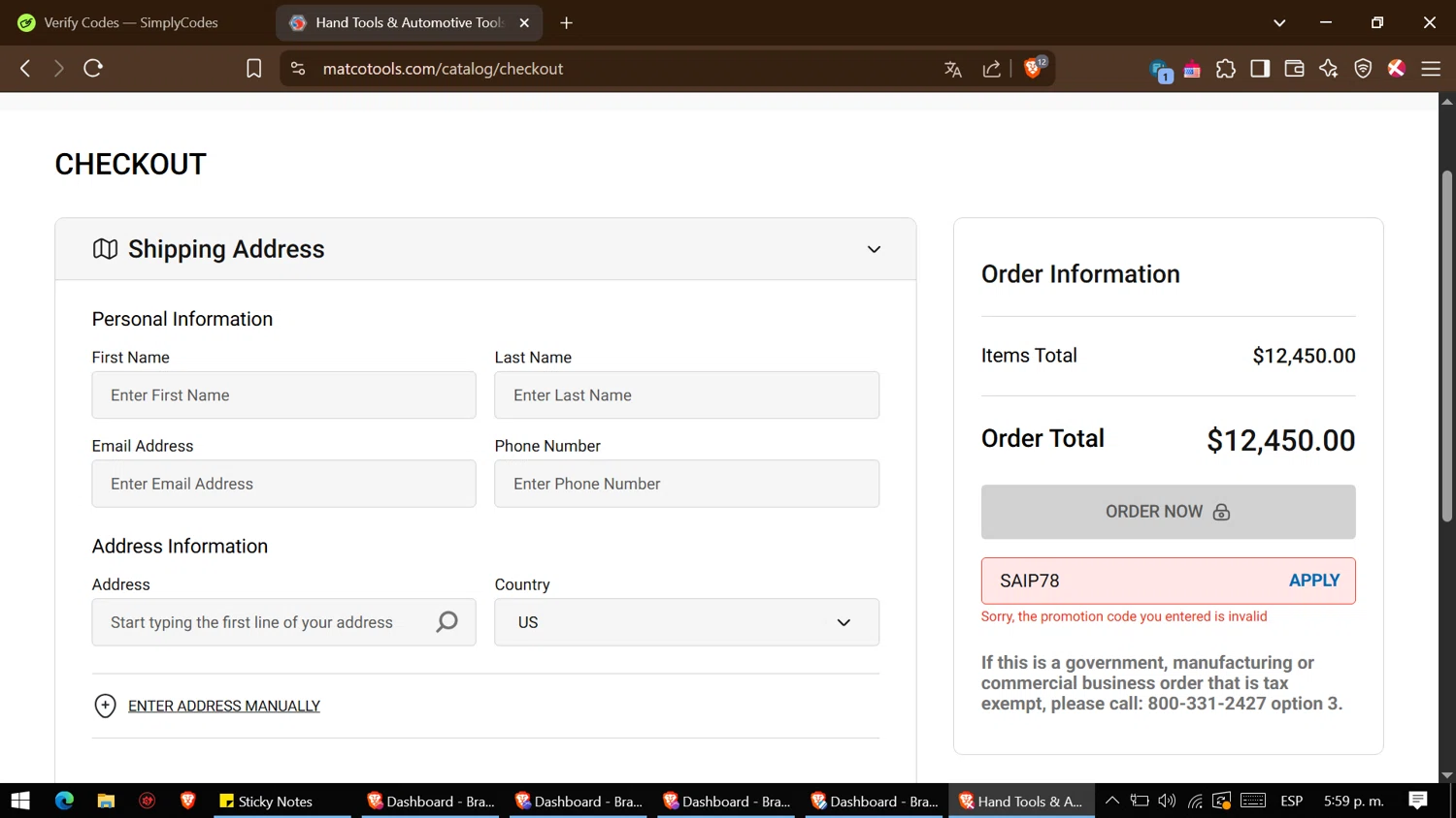 Matco Tools promo code screenshot showing code SAIP78 applied at Matco Tools checkout page. Uploaded by SimplyCodes community member ThriftyGenius6699 on Apr 16, 2025