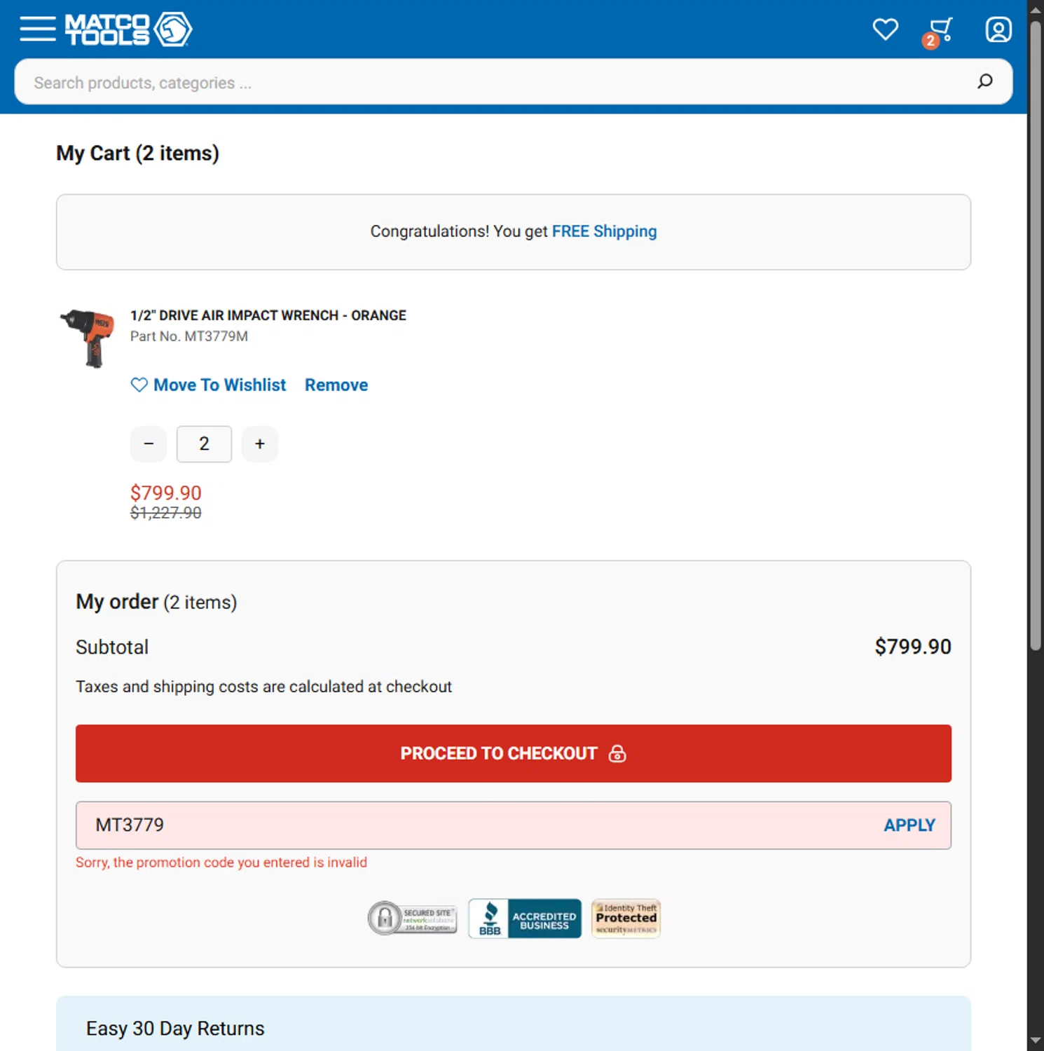 Matco Tools promo code screenshot showing code MT3779 applied at Matco Tools checkout page. Uploaded by SimplyCodes community member Alejandra10 on Jul 8, 2025