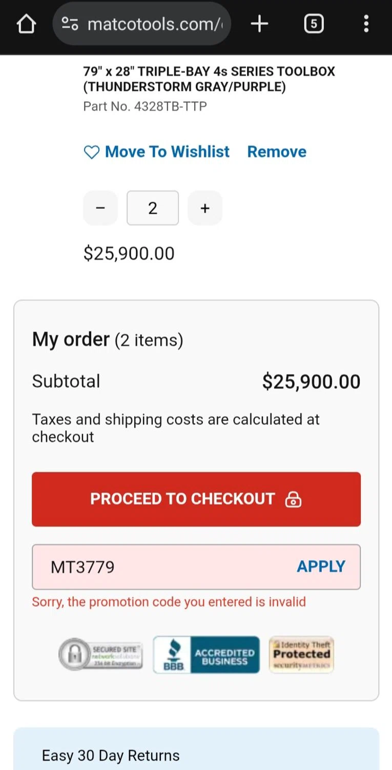 Matco Tools promo code screenshot showing code MT3779 applied at Matco Tools checkout page. Uploaded by SimplyCodes community member MoneySleuth6201 on Jul 8, 2025