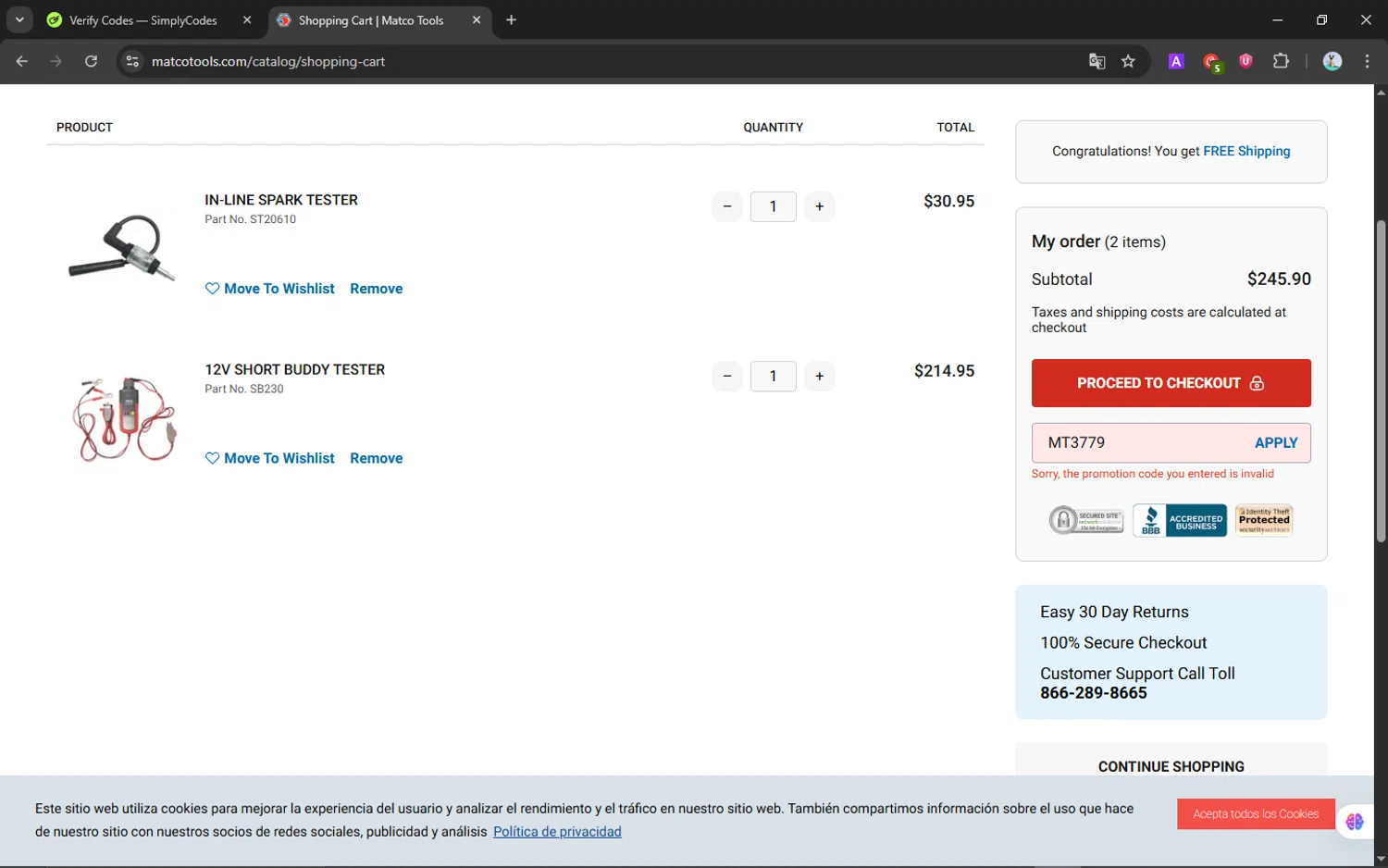 Matco Tools promo code screenshot showing code MT3779 applied at Matco Tools checkout page. Uploaded by SimplyCodes community member NobleScholar188 on Jul 8, 2025