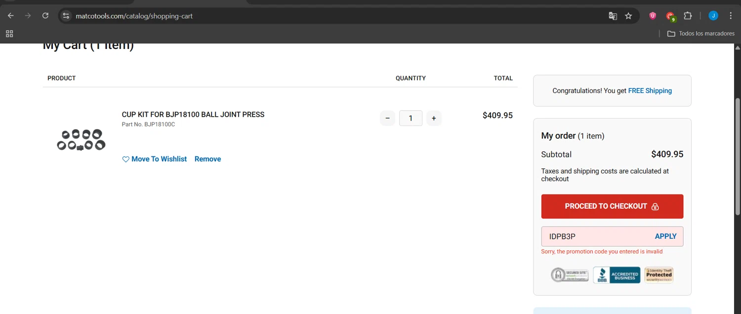 Matco Tools promo code screenshot showing code IDPB3P applied at Matco Tools checkout page. Uploaded by SimplyCodes community member Jeanjc on Jul 22, 2025