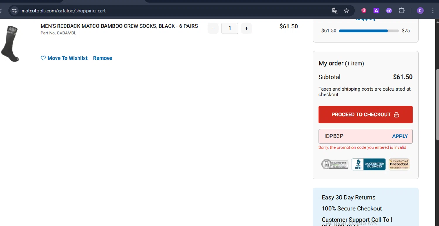 Matco Tools promo code screenshot showing code IDPB3P applied at Matco Tools checkout page. Uploaded by SimplyCodes community member ShieldCurator2100 on Jul 8, 2025
