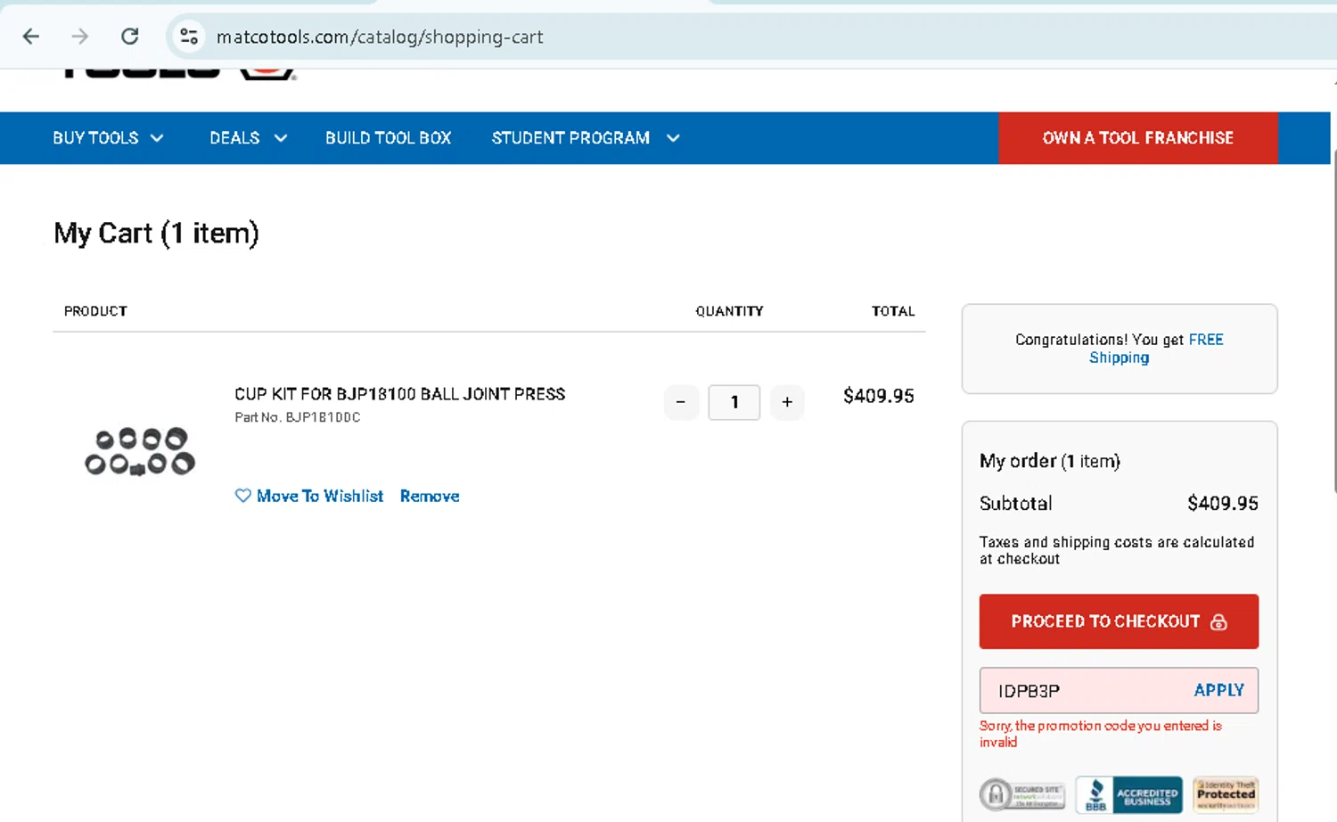 Matco Tools promo code screenshot showing code IDPB3P applied at Matco Tools checkout page. Uploaded by SimplyCodes community member TokenMonarch796 on Jul 29, 2025