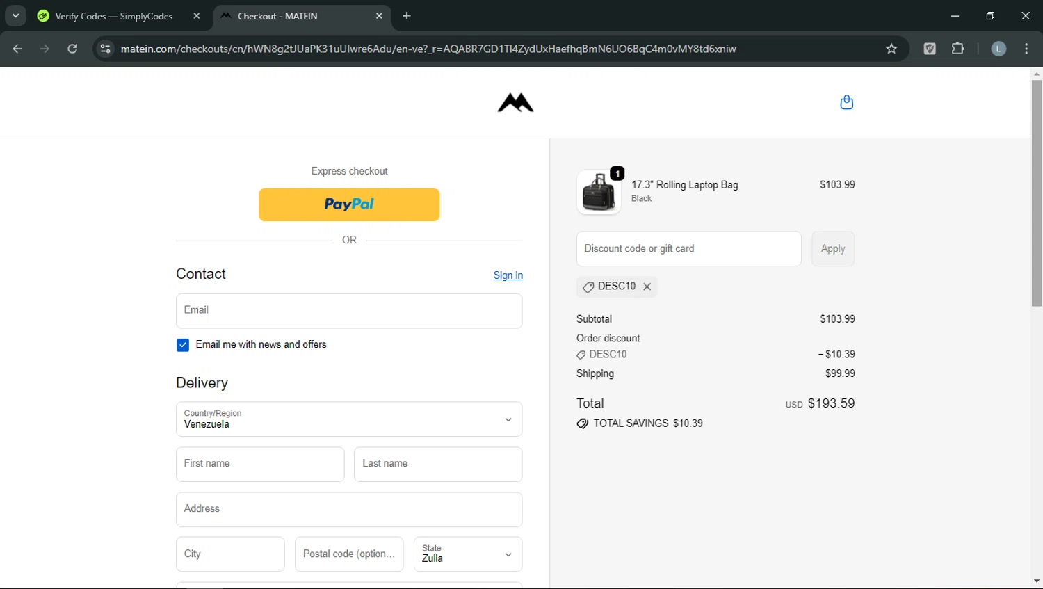 Matein promo code screenshot showing code DESC10 applied at Matein checkout page. Uploaded by SimplyCodes community member RoyalOwl5790 on Feb 11, 2026