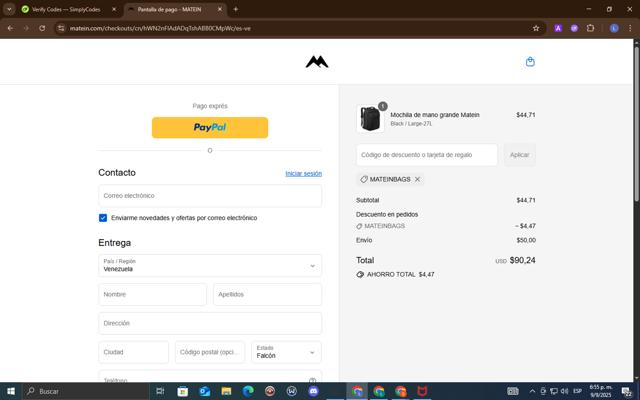 Matein checkout page showing Matein discount code box | Screenshot taken by SimplyCodes community member on Sep 9, 2025