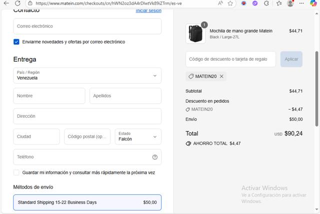 Matein checkout page showing Matein discount code box | Screenshot taken by SimplyCodes community member on Sep 10, 2025