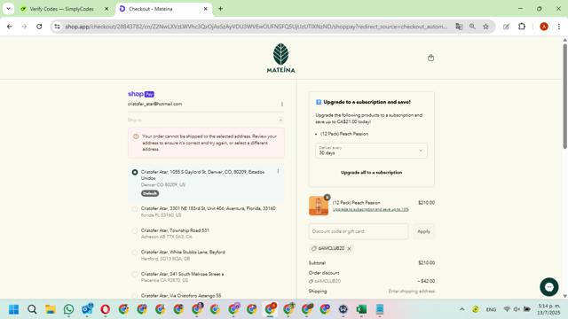 Mateina checkout page showing Mateina promo code box | Screenshot taken by SimplyCodes community member on Jul 13, 2025