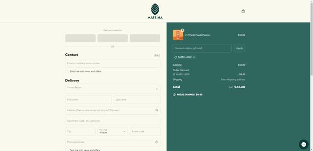 Mateina checkout page showing Mateina promo code box | Screenshot taken by SimplyCodes community member on Jun 13, 2025