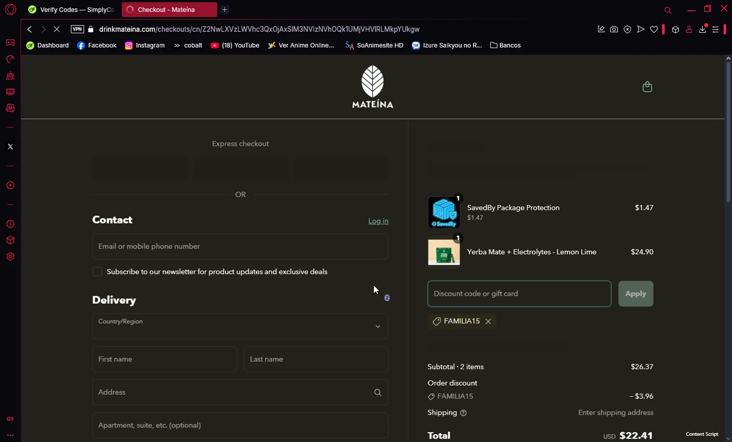 Mateina US promo code screenshot showing code FAMILIA15 applied at Mateina US checkout page. Uploaded by SimplyCodes community member Ema007 on Apr 19, 2025