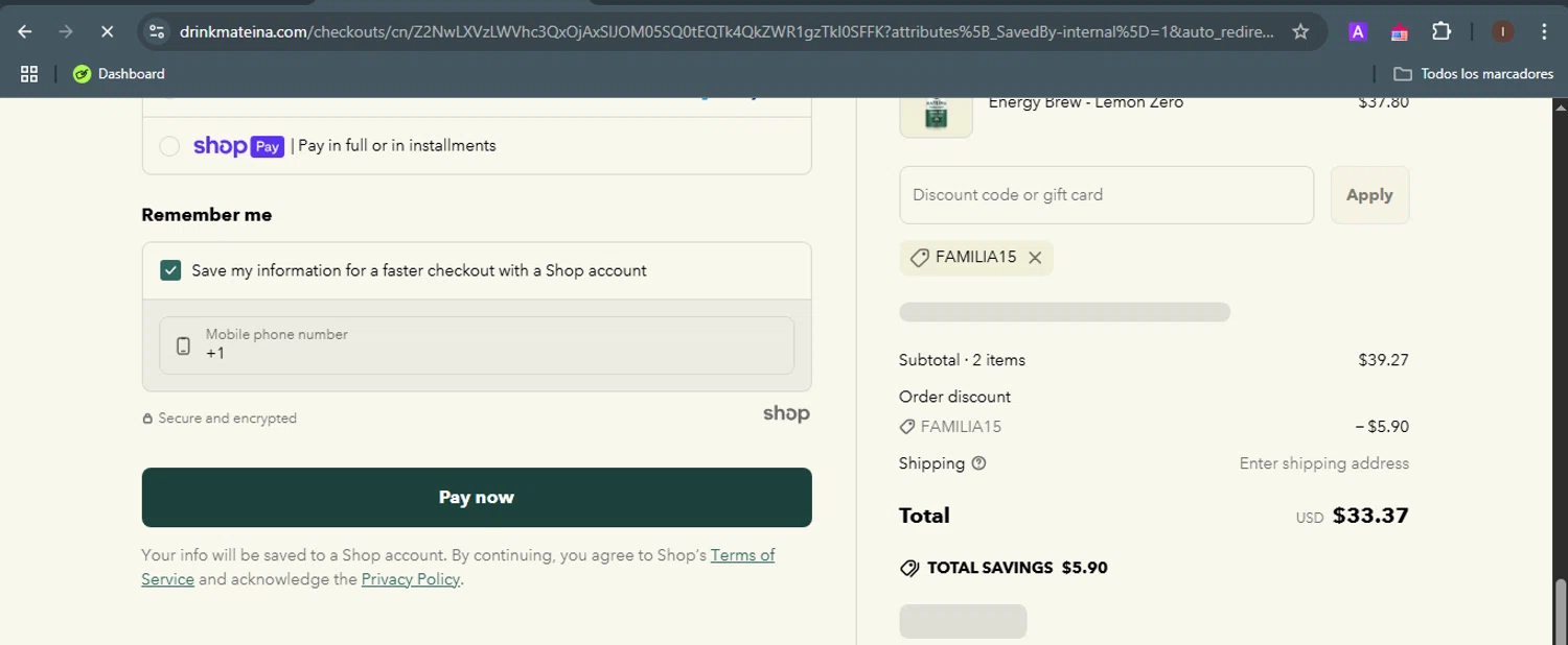 Mateina US promo code screenshot showing code FAMILIA15 applied at Mateina US checkout page. Uploaded by SimplyCodes community member OhmaTokita on Apr 12, 2025