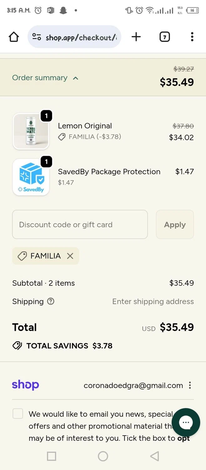 Mateina US promo code screenshot showing code FAMILIA applied at Mateina US checkout page. Uploaded by SimplyCodes community member tumiedo on Sep 25, 2025