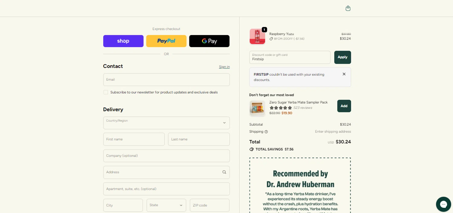 Mateina US promo code screenshot showing code Firstsip applied at Mateina US checkout page. Uploaded by SimplyCodes community member BonusCollector7885 on Nov 30, 2025