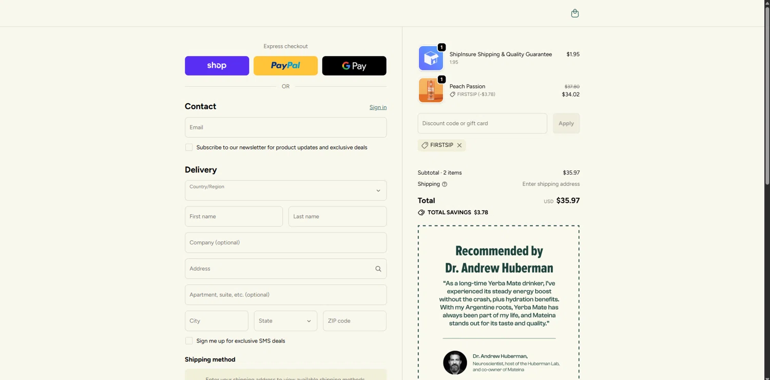 Mateina US promo code screenshot showing code Firstsip applied at Mateina US checkout page. Uploaded by SimplyCodes community member ValueGenius9720 on Oct 23, 2025