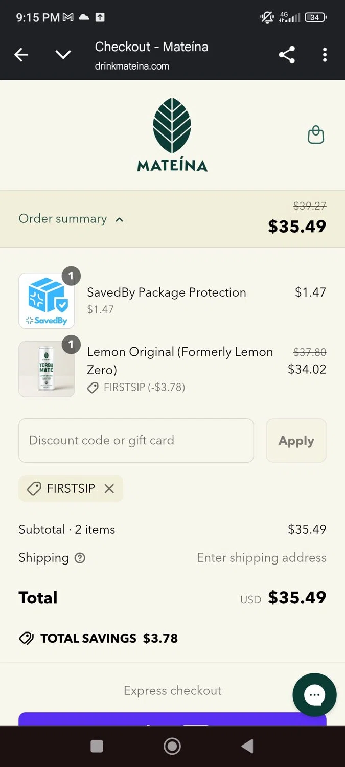 Mateina US promo code screenshot showing code Firstsip applied at Mateina US checkout page. Uploaded by SimplyCodes community member SaraiVillarroel on May 16, 2025