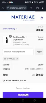 SPRING20 coupon verification screenshot