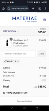 HONEY15 coupon verification screenshot