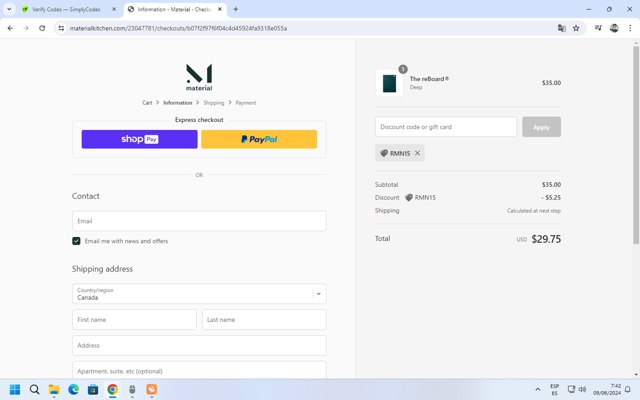 Material Kitchen checkout page showing Material Kitchen discount code box | Screenshot taken by SimplyCodes community member on Jun 9, 2024