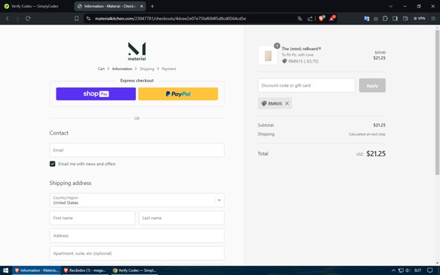 Material Kitchen checkout page showing Material Kitchen discount code box | Screenshot taken by SimplyCodes community member on Jul 8, 2024